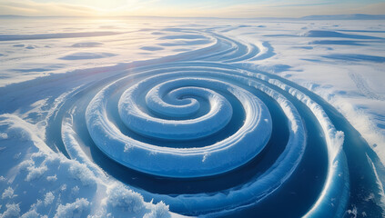 Ice spiral on frozen lake Baikal winter landscape with natural pattern abstract background