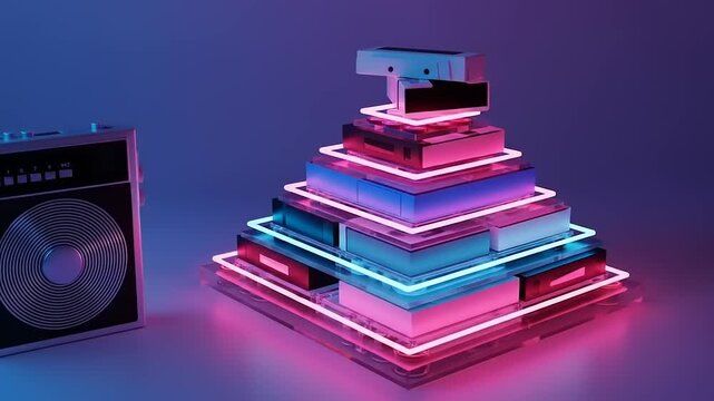 Retro Boombox and Neon Stacked Objects in Futuristic Lighting.