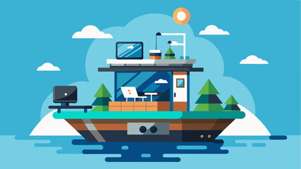 A luxurious floating cabin equipped with modern technology offering the perfect blend of work and play. Vector illustration