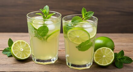Two refreshing lime and mint drinks with ice and fruit slices beverage refreshment