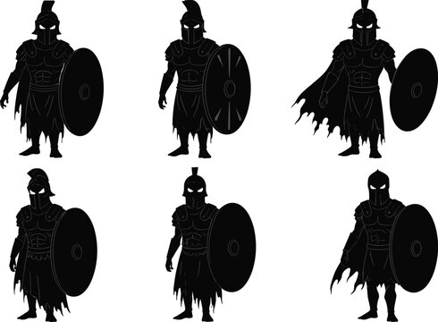 Ancient warrior silhouette set, shield and armor design, mythological soldier pose, black vector graphic, historical costume, battle stance, helmet style, artistic concept, heroic theme
