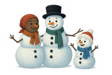 Diverse snowman family celebrating winter holidays together, smiling and embracing inclusion, transparent background