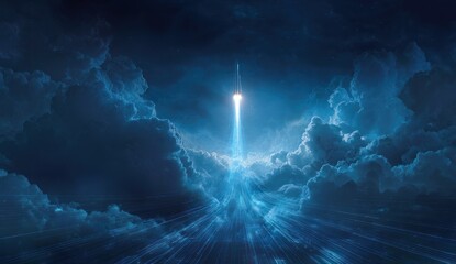 Rocket launch ascending through dark blue clouds with bright blue light trails.