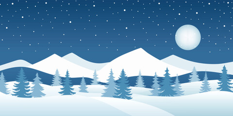 Fototapeta premium Minimalistic winter landscape, evening and moon, mountains and forest, snowdrifts and snowfall, vector illustration