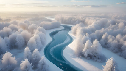 Aerial view of a winding river through a snow-covered forest winter landscape serene and peaceful nature scene