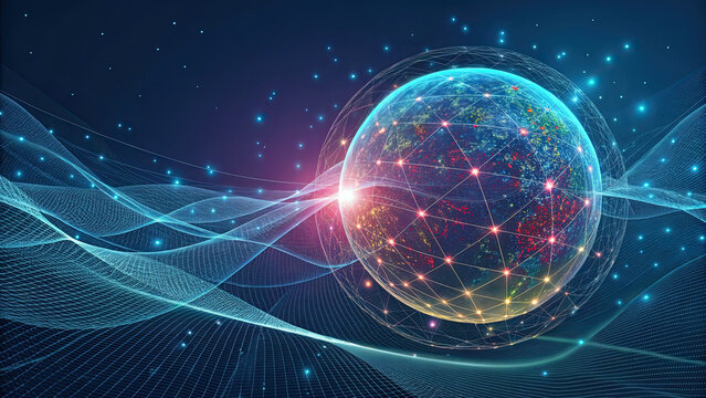 Dynamic digital globe pulsates with vibrant data streams and glowing interconnected nodes, symbolizing global innovation and futuristic connectivity for technology concepts. - Powered by Adobe