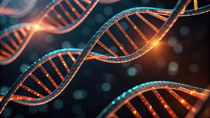 A close-up view of a DNA double helix, showcasing intricate details and glowing elements against a dark background.
