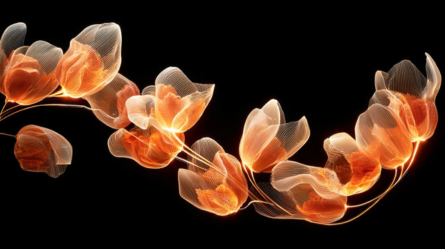 Floating tulip petals swirl into a luminous spiral, glowing softly against a dark, dreamy background, evoking motion, elegance, and ethereal beauty.