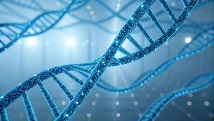 Fototapeta premium Abstract blue DNA strands intertwine in a mesmerizing pattern, reflecting scientific innovation and genetic exploration in a digital environment.