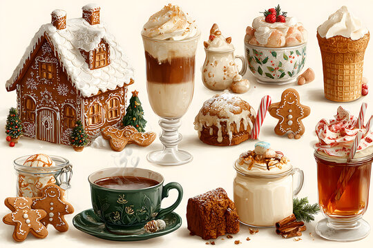 Christmas cooking set. Baked gingerbread cookies, house, hot winter holiday drinks, pudding, dessert, candy cane. Vector winter holiday food clip art, stickers, greeting card, party invitation, poster