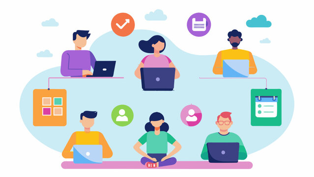 A diagram displaying the implementation of a hybrid work model with a mix of inperson team building activities and remote project work.. Vector illustration
