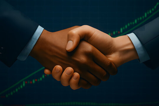 Business Handshake: A close-up shot of two individuals clasping hands in a firm handshake, symbolizing a successful partnership, deal, or agreement.