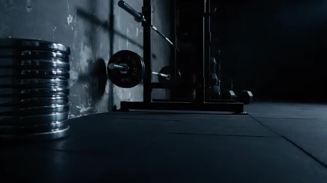 A dimly lit gym scene featuring a stack of circular metal weight plates on the left, with a barbell rack and other exercise equipment in the background. The atmosphere is gritty and focused.