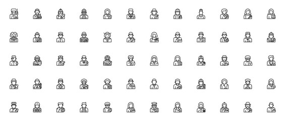 Jobs and Occupations icon set. Vector profession icos pack. Includes worker, tacher, engineer, nurse, chf, mechanic, artist, drive, scientist and more. Editble stroke.