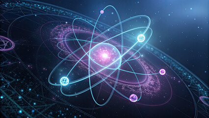 Stunning atom model with glowing nucleus and orbiting electrons, representing scientific discovery and modern technology in a cosmic setting