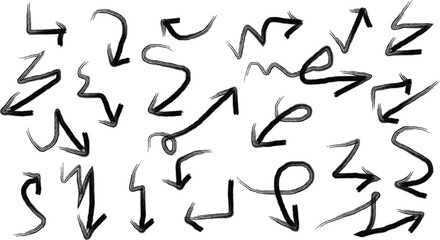 Collection of hand drawn black arrows in various styles pointing in different directions on a white background