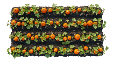 Isolated aerial perspective of pumpkin patch captured by drone, featuring orange gourds and harvest textures, presented on white and transparent background, PNG