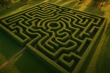 Aerial sunrise view of green hedge labyrinth with winding path and central clearing