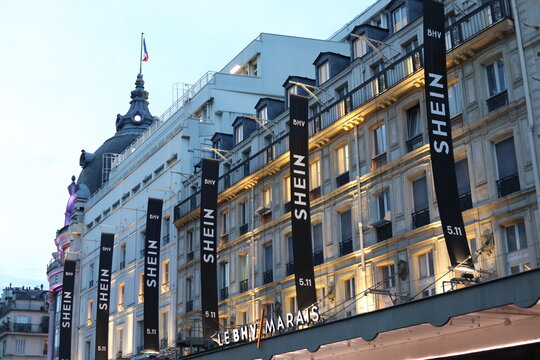 A tight shot of the facade of the BHV store for the opening of the first Shein store in France. Paris, France - November 5, 2025. 