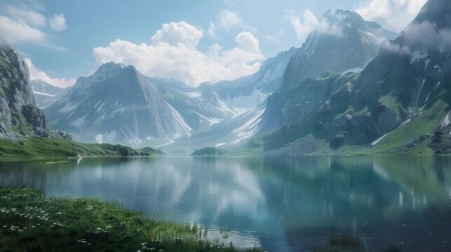 Tranquil lake reflecting majestic mountains under a vibrant sky