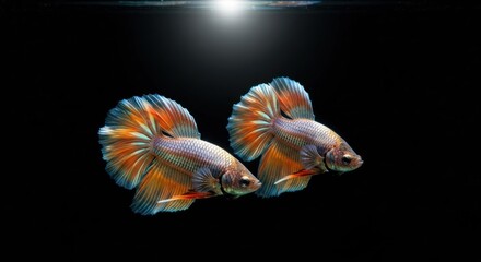 Fototapeta premium Two Siamese fighting fish with vibrant, flowing fins against a black backdrop. A spotlight highlights their graceful movements