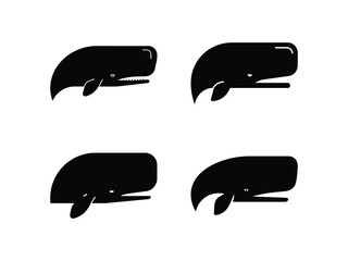 A collection of four simple black sperm whale silhouette icons isolated on a white background