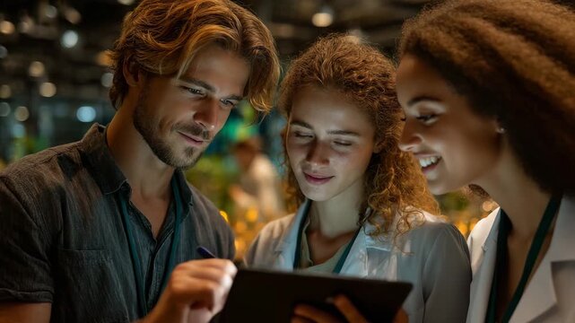 Dynamic scientific team analyzing data on a tablet in a cutting edge lab, fostering collaboration and innovation for breakthrough research