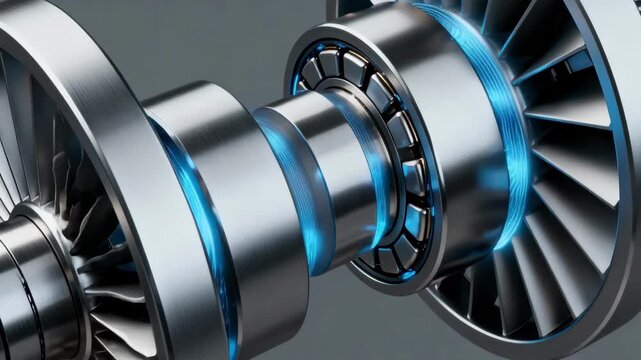 Closeup view of magnetic bearings in a turbine using permanent magnets to minimize friction during highspeed rotation for enhanced mechanical efficiency.