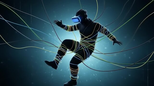 Man in VR headset entangled in glowing wires, exploring virtual reality and digital connection.