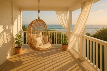 Coastal porch with hanging chair cushions and ocean view breezy serene seaside retreat
