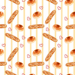 Bread seamless pattern of baguette and hearts decoration.  Watercolor illustration for print and product packaging. 