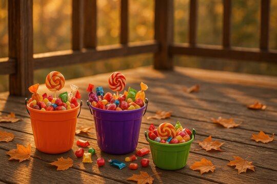 Colorful candy buckets on rustic porch with autumn leaves festive Halloween still life
