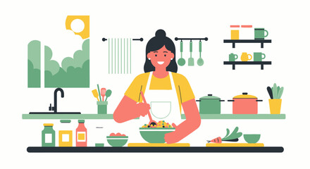 Minimalist Vector Illustration of Woman Cooking in Kitchen with Bright Colors and Simple Geometric Shapes in Modern Style