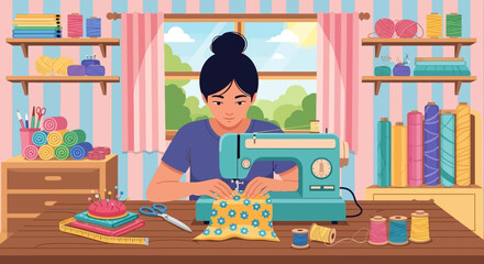 Vector Illustration of Woman Sewing with Sewing Machine in Modern Craft Room Style with Bright Colors and Organized Shelves