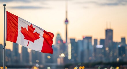 Fototapeta premium Canadian flag fluttering in the wind with Toronto's cityscape in the background. Patriotism and national pride for Canada Day.