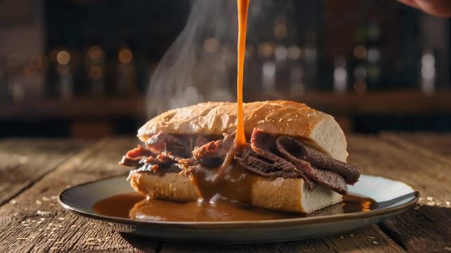 A delicious French Dip sandwich is shown on a plate with au jus, celebrating National French Dip Day.