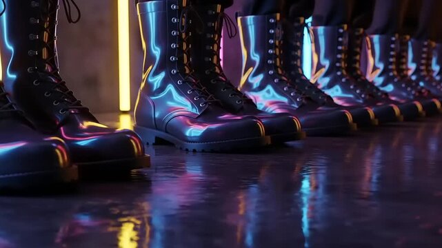 Neon Light Reflections on Black Boots in a Row.
