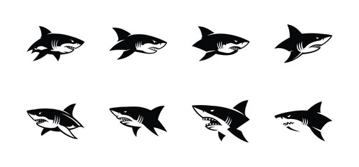Shark Icons A Collection of Black and White Illustrations for Design and Graphics