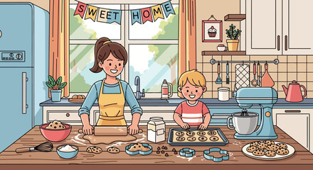 Vector Illustration of Family Baking Scene in Modern Flat Style with Cozy Kitchen Environment