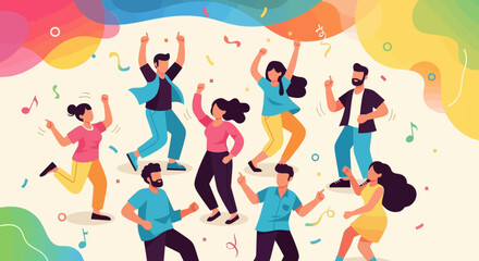 Vector Illustration of Dancing People in Festive Style with Bright Colors and Confetti in Modern Cartoon Design for Celebration and Party Themes