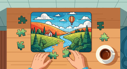 Vector Illustration of Hands Assembling Puzzle with Scenic Landscape in Modern Style Featuring Colorful Nature Elements