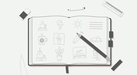 Minimalist Vector Illustration of Open Notebook with Plant and Sun Icons in Modern Style