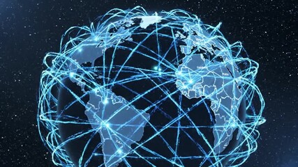 Abstract futuristic representation of global internet connectivity, showing a glowing digital network enveloping planet Earth in outer space - Powered by Adobe