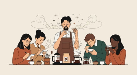 Minimalist Vector Illustration of Coffee Tasting Scene with Diverse People and Barista in Modern Style