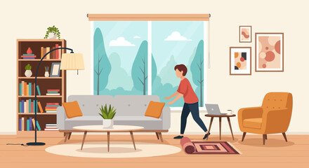 Modern Vector Illustration of Cozy Living Room Scene with Sofa Bookshelf and Window in Organic Style