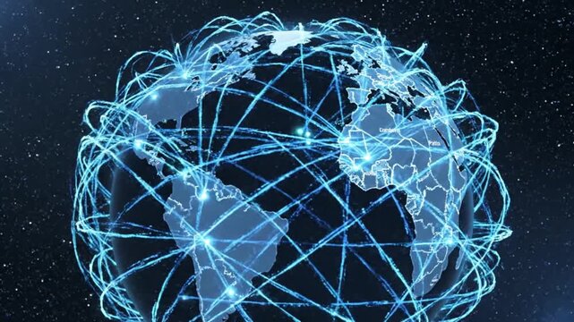 Abstract futuristic representation of global internet connectivity, showing a glowing digital network enveloping planet Earth in outer space