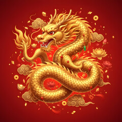 Obraz premium Golden Dragon on Red Background – Traditional Chinese New Year
