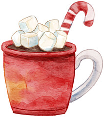 Watercolor Christmas mug of hot chocolate with marshmallow and candy. Suitable for greeting card, invitation, and poster.
