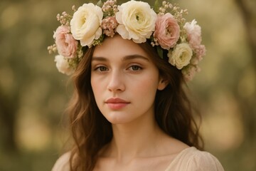 Naklejka premium Elegant young woman with delicate flower crown in natural beauty portrait