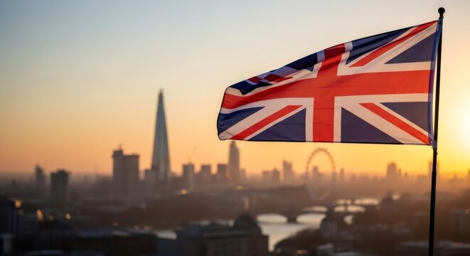 Union Jack flag flying high over London city skyline at sunset. National symbol represents Great Britain patriotic holiday and unity. - Powered by Adobe